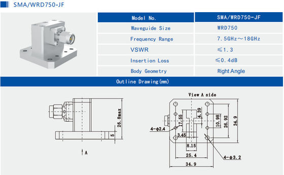 7.5GHz~18GHz WRD650 To SMA Male Right Angle Waveguide To Coax Adapter SMA/WRD750-JF