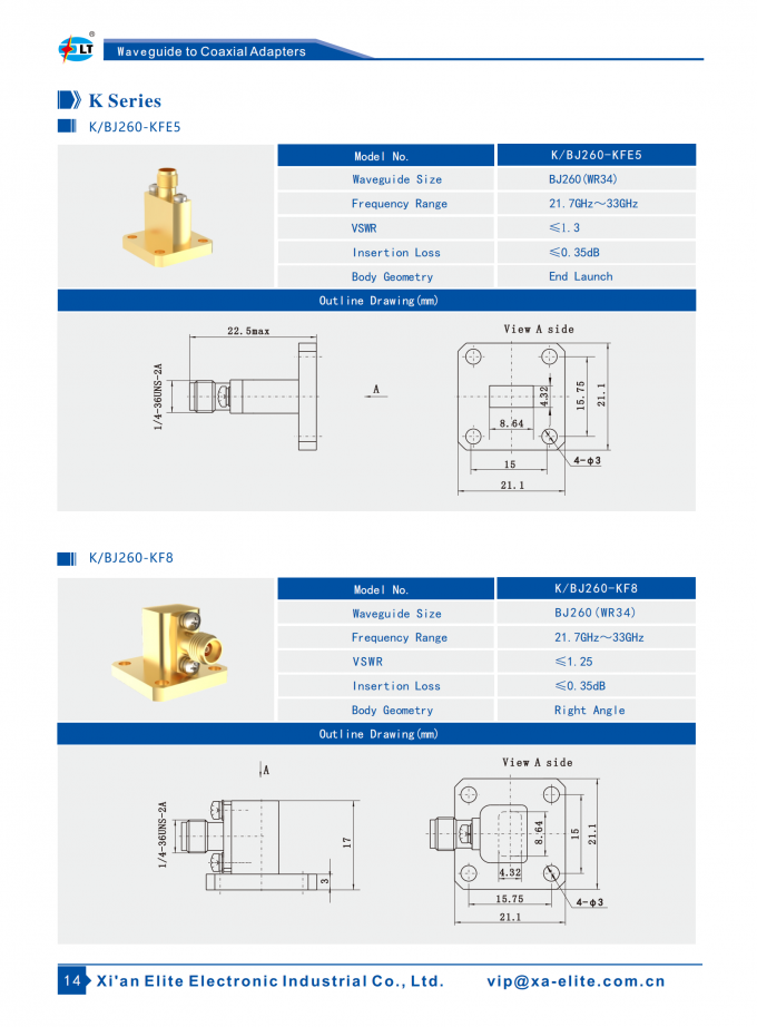 Wr34 WR34 BJ260 To K2.92mm Female End Launch Waveguide To Coax Adapter 21 ...