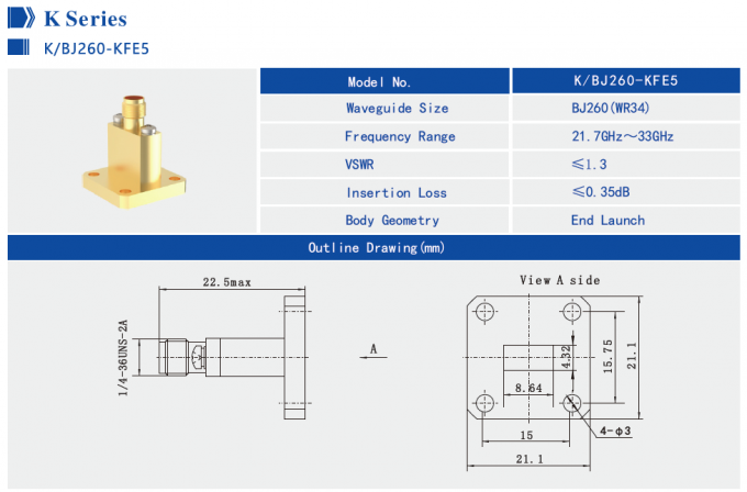 Wr34 Waveguide to Coaxial Adapter | Waveguide Port WR75, WR60, WR51, WR42 ...