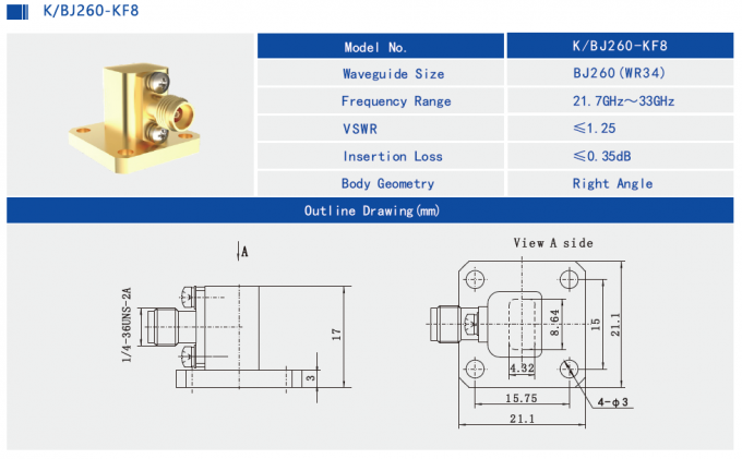 Wr34 Waveguide to Coaxial Adapter | Waveguide Port WR75, WR60, WR51, WR42 ...